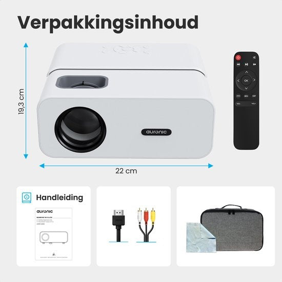 Auronic Beamer - 10.000 Lumen - WiFi - 170-Zoll - Full HD - Fernbedienung & Tragetasche - Weiß