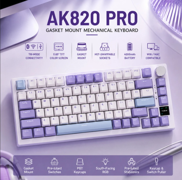 AJAZZ AK820 Pro Mechanische Tastatur – 75 % – QWERTY US – Tri-Mode – TFT-Display – RGB – Grau – Sea Salt Purple-Schalter