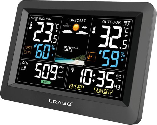 BRASQ Kabellose Wetterstation für Innen und Außen mit CO2-Messer - Hygrometer - Mit Außensensor bis zu 60 Meter - Luftfeuchtigkeitsmesser - Thermometer - Barometer - inklusive Batterien