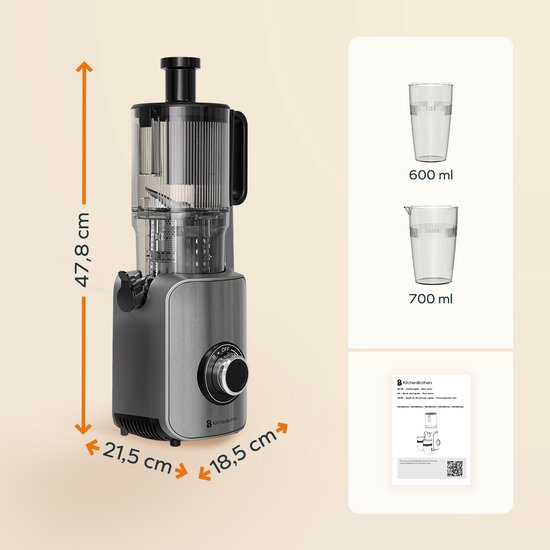 KitchenBrothers Slowjuicer - Vertikal - Entsafter - Gemüse- und Obstpresse - 126 mm - 750 ml - Grau
