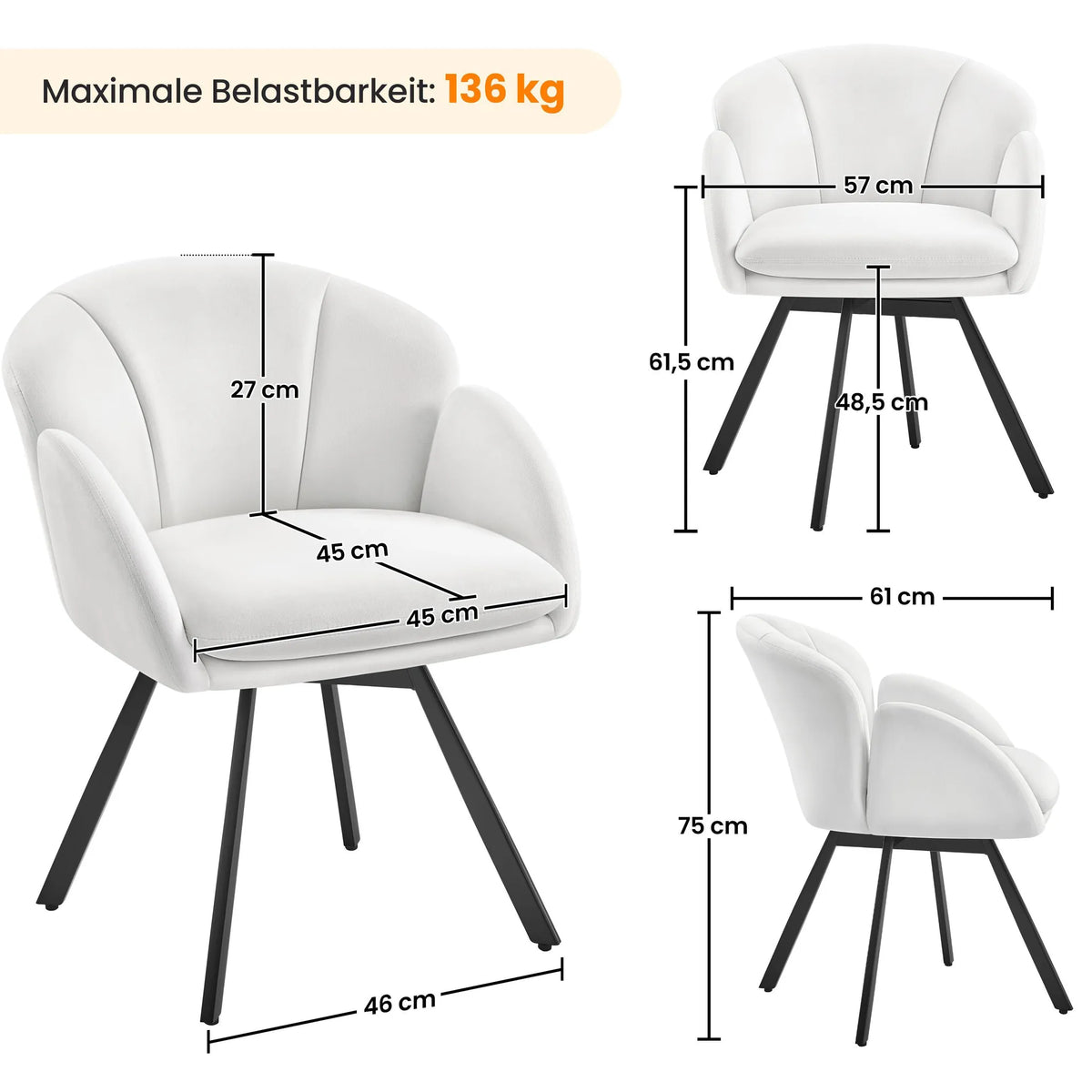 Yaheetech Drehstuhl Floral - Mit 360°-Drehmechanismus und abnehmbarem Sitzkissen und X-förmigem Metallgestell - Für Schlafzimmer und Home Office - Weißer Bouclé und Metall - 57 x 61 x 75 cm