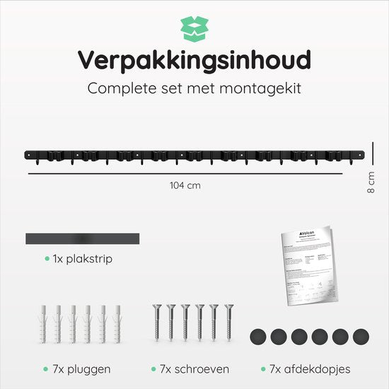 Volcan Besenhalter – Aufhängesystem für Besen und Gartengeräte – 9 Halterungen, 10 Haken – Selbstklebendes 3M-Klebeband – Werkzeughalter – Edelstahl, schwarz