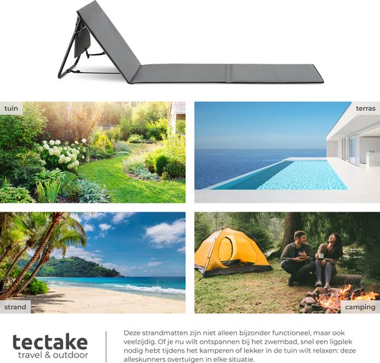 tectake Strandmatte - Set aus 2 faltbaren Liegematten mit verstellbarer Rückenlehne, Tragegurt und Staufach - Ideal für Strand, Camping oder Garten - Leicht und pflegeleicht - Grau