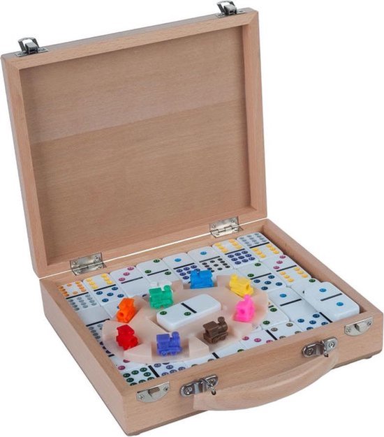 Domino Doppel 12 Mexican Train – 91 Steine mit farbigen Augen – Holzkiste mit Schiebedeckel – Inklusive Bahnhof und Züge – Strategisches Familienspiel – Engelhart