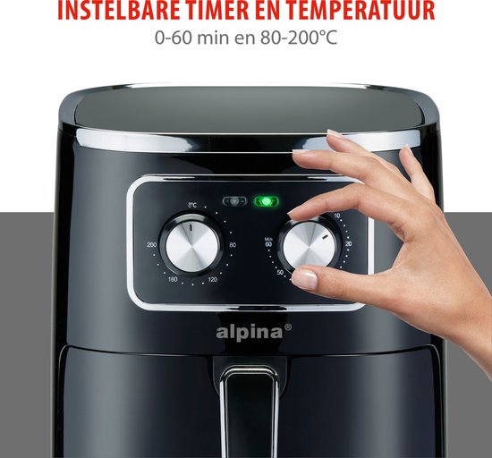 alpina Airfryer 4.5L- Heißluftfritteuse für 3 bis 4 Personen - Luftfritteuse mit einstellbarer Temperatur von 80°C bis 200°C - Timer bis zu 60 Minuten - Heißluftfritteuse 1450W - Schwarz