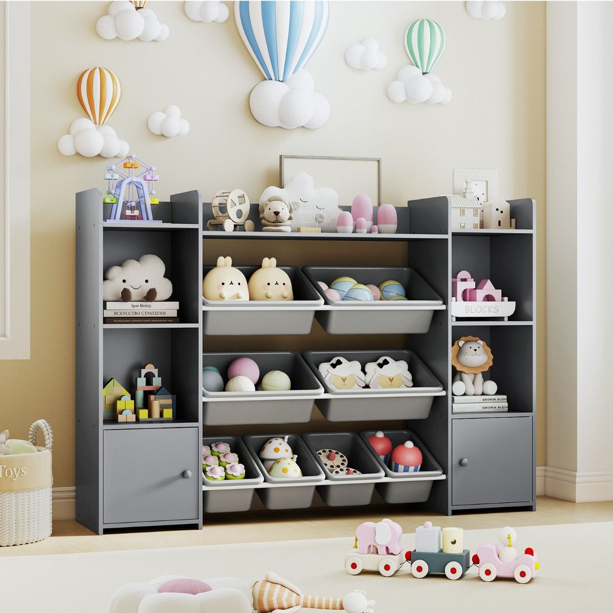 Coast Spielzeugschrank mit 4 Fächern – 8 herausnehmbare Behälter – Bücherregal – grau