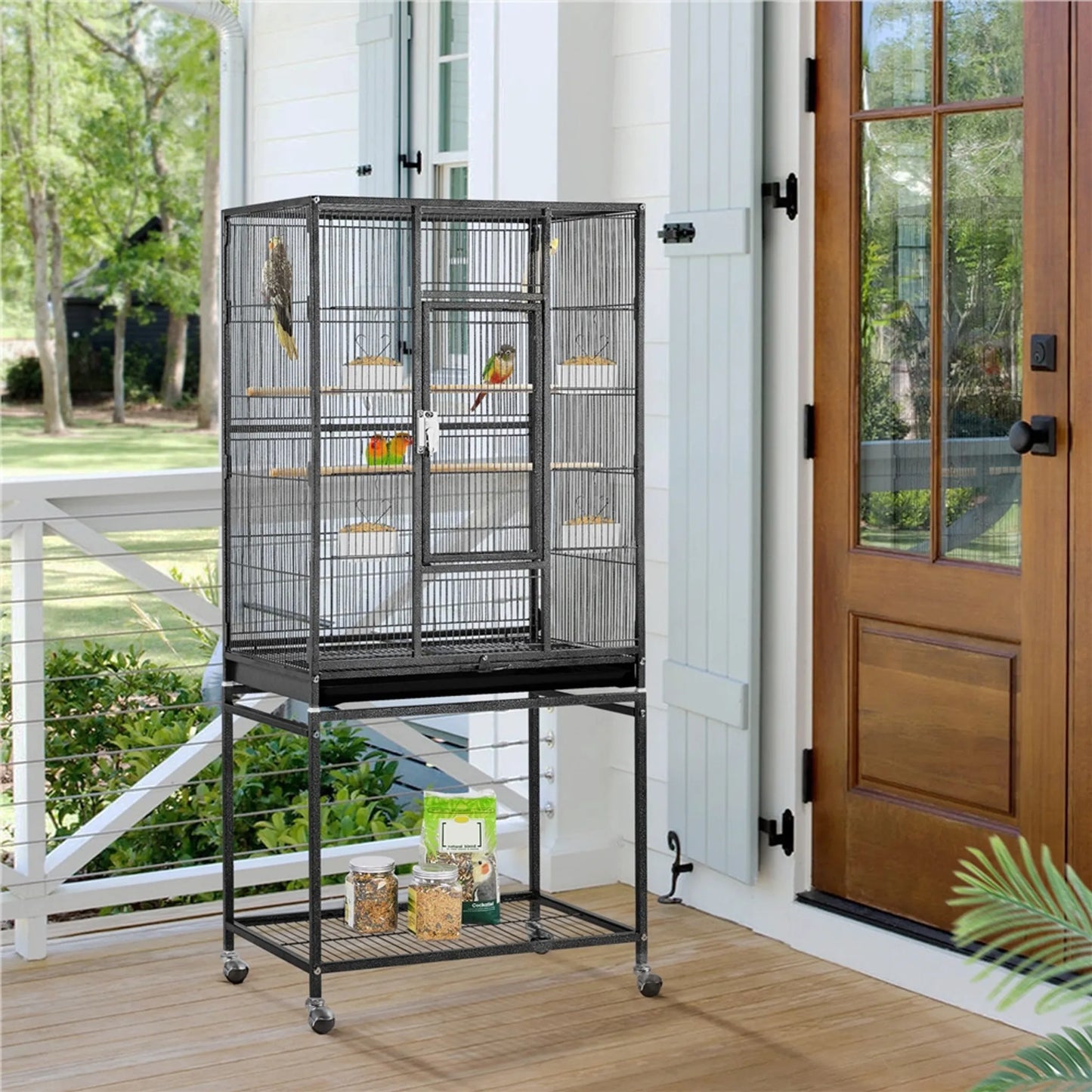 Yaheetech Vogelkäfig mit mobilem Sockel - mit herausnehmbarer Schublade und extra Ablagefläche und 4 Futterstellen - für Sittiche, Finken und Kanarienvögel - schwarz pulverbeschichtetes Metall - 61 x 43 x 136 cm