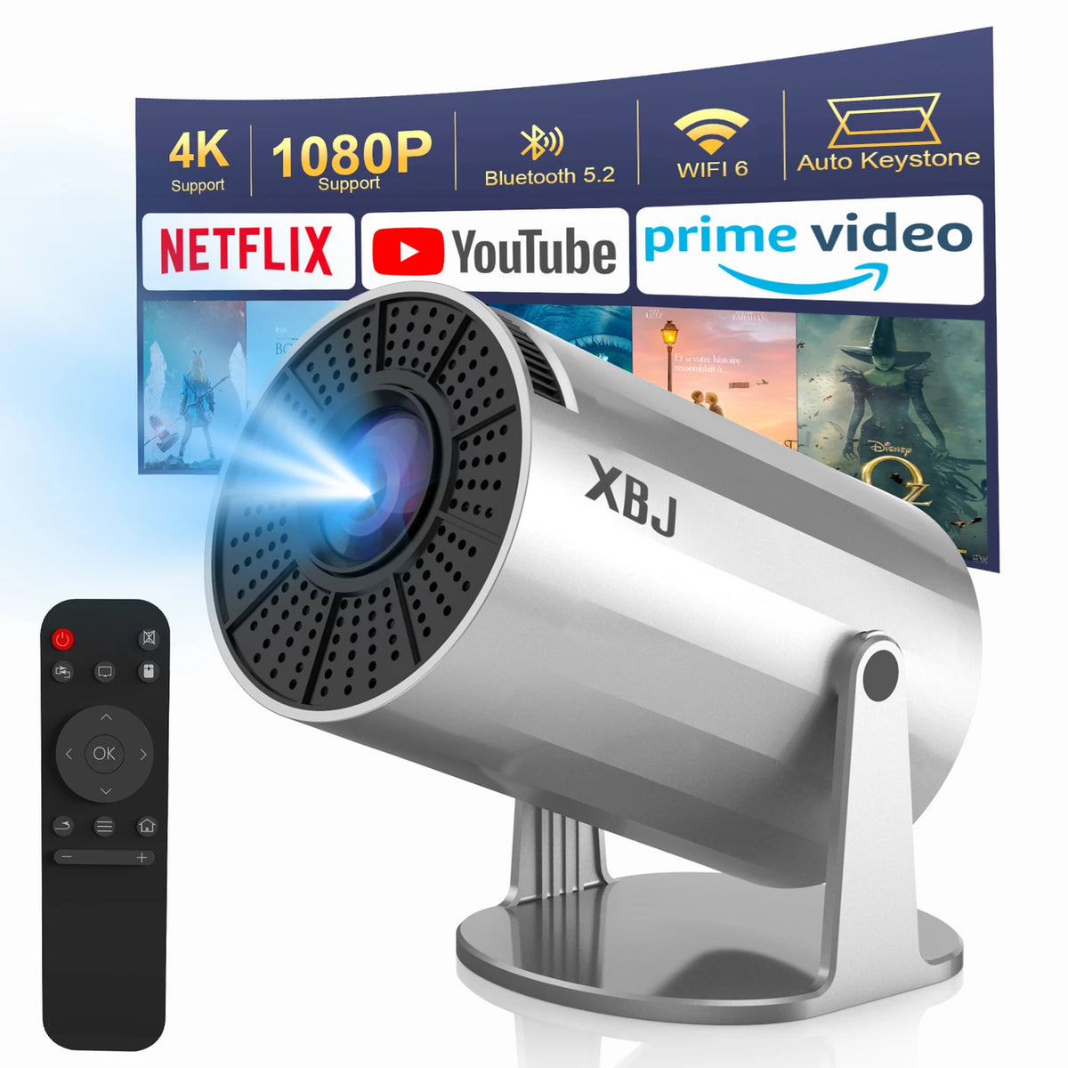 XBJ Tragbarer Mini-Beamer Silber 14 x 12 x 21,8 cm - WLAN 6 & Bluetooth 5.2 - Android 11 - 1080p & 4K-Decodierung - um 180° schwenkbar - 200 ANSI-Lumen