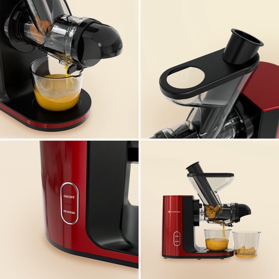 KitchenBrothers Slowjuicer - Entsafter - Gemüse- und Obstpresse - 43 mm und 60 mm Einfüllöffnung - 400 ml - Rot