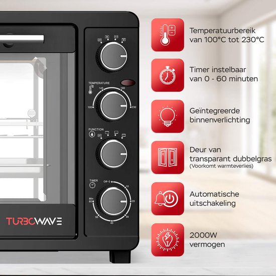 TurboTronic - EV45 Freistehender Backofen - 45 Liter Fassungsvermögen - 2000W Leistung - Heißluft- & Rotisserie-Funktion - 100-230°C - Schwarzer Edelstahl