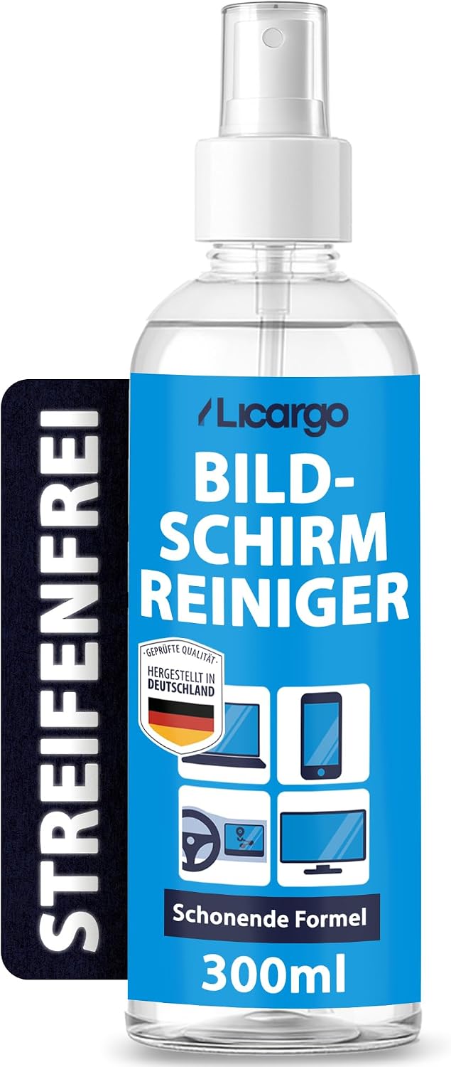 LICARGO Bildschirmreiniger-Spray 300 ml – ohne Streifen & alkoholfrei – für Fernseher, Monitore, Laptops, Tablets und Autodisplays