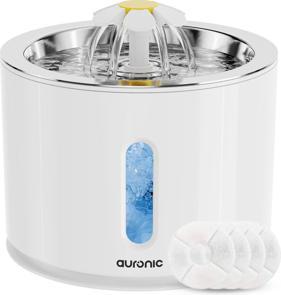 Auronic Trinkbrunnen - Wasserbrunnen für Katzen und Hunde - 2.4L - Tiertränke - Inkl. 4 Filter und 2 Bürsten - Weiß