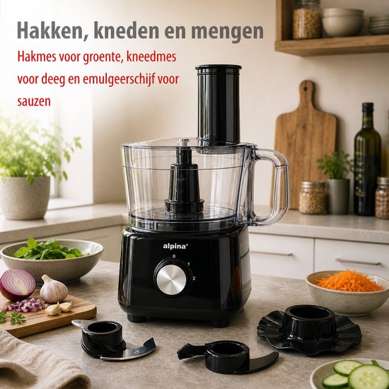 Alpina 3-in-1-Küchenmaschine, Mixer und Smoothie-Maker – Multifunktionale Küchenmaschine – Gemüseschneider – Zerkleinerer – 2 l – BPA-frei – spülmaschinenfest – FP413GS – Schwarz