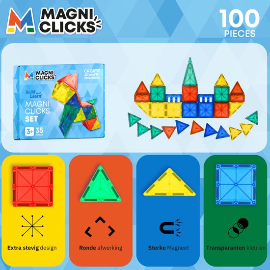 MagniClicks Magnetic Tiles 35 Stück - Magnetisches Spielzeug - Montessori - Magnetische Fliesen - Bausteine