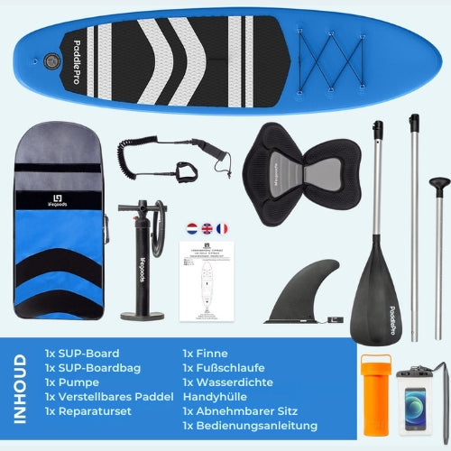 LifeGoods SUP Board - mit Sitz - Aufblasbares Paddle Board - Komplettset - Max. 135KG - 320x81cm - Blau