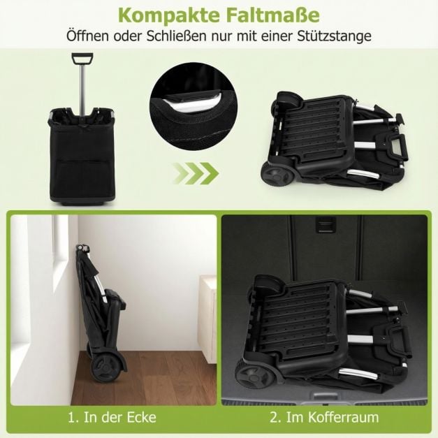 Coast Shopping Trolley Schwarz - faltbarer 50L Einkaufswagen mit 3 Fächern und verstellbarem Griff - 40 x 36 x 58/90 cm