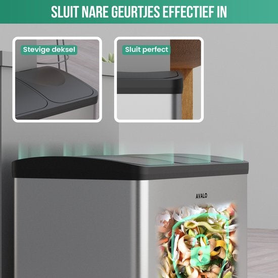 Avalo Mülleimer Abfalltrennung 60 Liter - Edelstahl Silber - 3 Fächer - Umweltbewusst, Hygienisch & Fingerabdruckfrei - Treteimer / Mülleimer