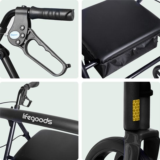 LifeGoods Basic Rollator – Leicht und zusammenklappbar (8,7 kg) – Mit Sitz und Rückenlehne – Für drinnen und draußen – Höhenverstellbar – Tragkraft bis zu 136 kg – Schwarz