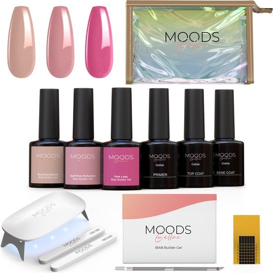Moods Gellac BIAB Starter Pack - Nude Pink - Builder in a Bottle - BIAB Nagellack - Inklusive UV/LED Lampe, Bucking Stick, Nagelfeile, Primer, Base und Top Coat
