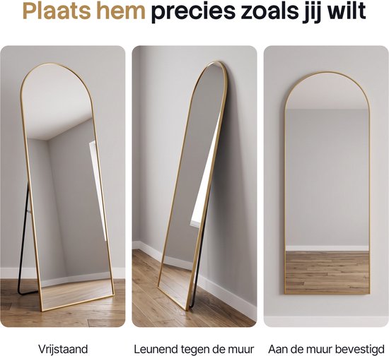 Infinity Goods Ganzkörperspiegel – 160 x 60 cm – Design-Wandspiegel – Standspiegel mit Metallrahmen – zur Aufhängung – Ankleidezimmerspiegel – abgerundet – modern – goldfarben