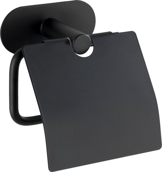 WENKO Turbo-Loc® Toilettenpapierhalter mit Klappe Orea Edelstahl schwarz matt – Toilettenpapierhalter – WC-Rollenhalter – Befestigung ohne Bohren – Selbstklebend – 10 Jahre Garantie