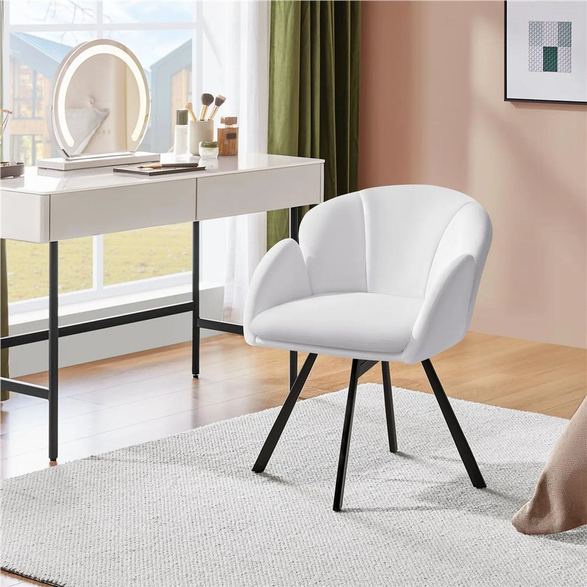 Yaheetech Drehstuhl Floral - Mit 360°-Drehmechanismus und abnehmbarem Sitzkissen und X-förmigem Metallgestell - Für Schlafzimmer und Home Office - Weißer Bouclé und Metall - 57 x 61 x 75 cm
