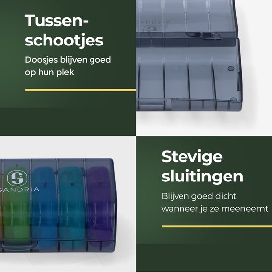 Gandria Pillenbox 7 Tage - Herausnehmbare Pillenbox - Medizinbox mit 14 Fächern - Medizinbox mit stabilem Verschluss - 2 Fächer pro Tag - 7 Farben