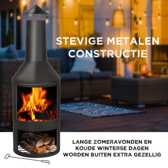 BBQ Collection Außenkamin - Outdoor-Ofen - mit Schornstein - 134 x 44,5 x 44,5 cm - mit Aschefänger, Schürhaken und Holzlager - Carbonstahl - Schwarz