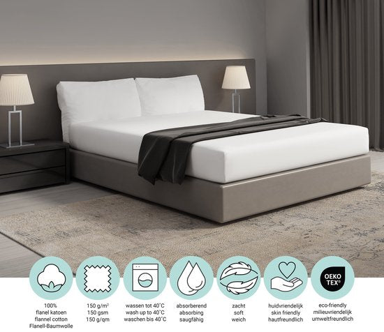 DoubleDry Spannbetttuch aus Flanell, 100 % weiche Baumwolle – Doppelbett 180 x 200 cm – Rundum-Gummizug – Weiß