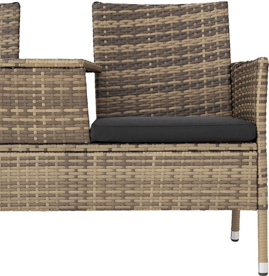 tectake - Geflecht-Gartenbank mit Tisch, 2-Sitzer-Bank, 131 x 61 x 82 cm, Gartenbank für Balkon und Terrasse, Gartenbank inklusive Sitzkissen - natur/dunkelgrau - Poly-Rattan