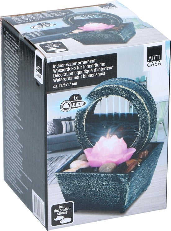 Arti Casa Tafelfontein Lotusbloem - Indoor Waterornament met LED-licht - Positieve Werking - Binnenfontein met set Kiezelstenen - 11,5 x 17 cm