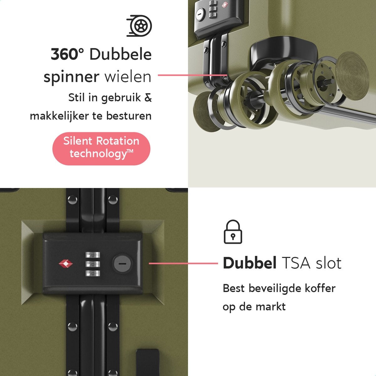 ONYXÂ® Check-in-Koffer 100L - TSA-Schloss - Spinner-Räder - Leichter Trolley - Aluminiumverschluss - Olivgrün