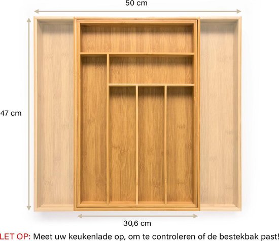 Budu Extendable Bamboo Cutlery Tray #47 (47 cm tief) - Besteckkassette Holz - Besteckschublade - 47 x 30.6 - 50 cm - 6/8 Fächer