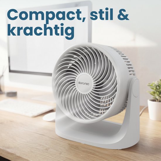 Auronic Tischventilator – 3 Geschwindigkeitsstufen – Mini-Ventilator – Standventilator – Wandmontage möglich – 41 dB – 90°-Oszillation – 7 Meter Luftstrom – Weiß