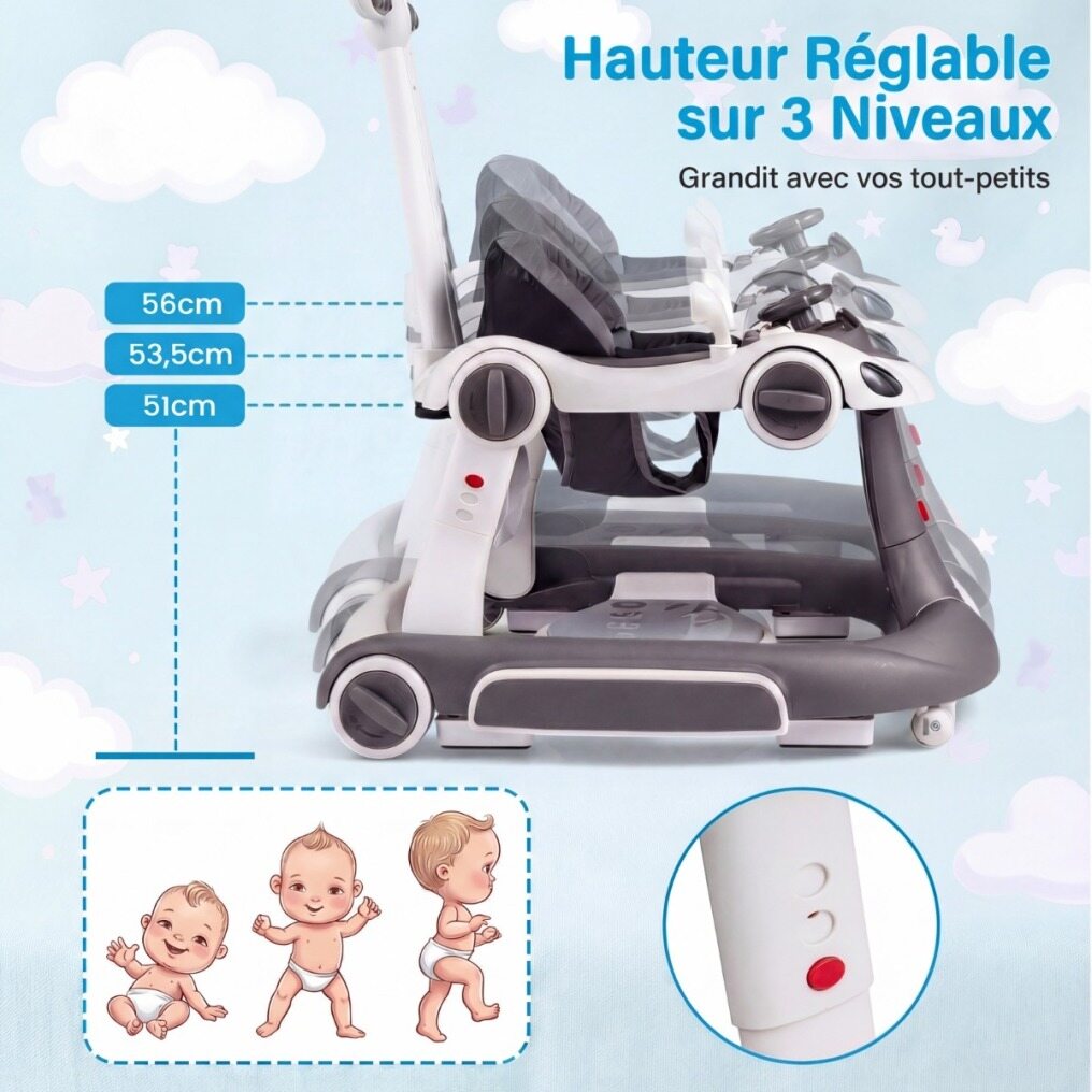 Coast 6-in-1 Lauflernwagen - Activity Center - Verstellbar - Musik - Beleuchtung - Schaukel - Grau