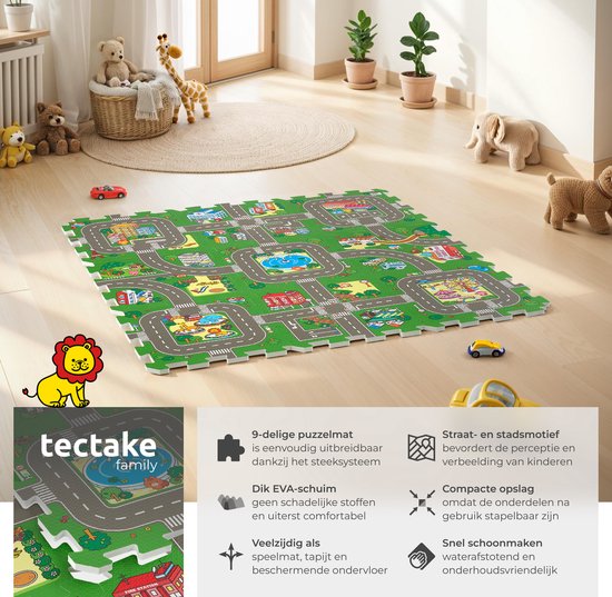tectake® - Spielmatte - Schaumstoffspielmatte - Spielmatte Baby - Stadt und Straßen - 90 x 90 cm - 9-teilige Puzzlematte - Rutschfest - Geräuschabsorbierend und feuchtigkeitsbeständig