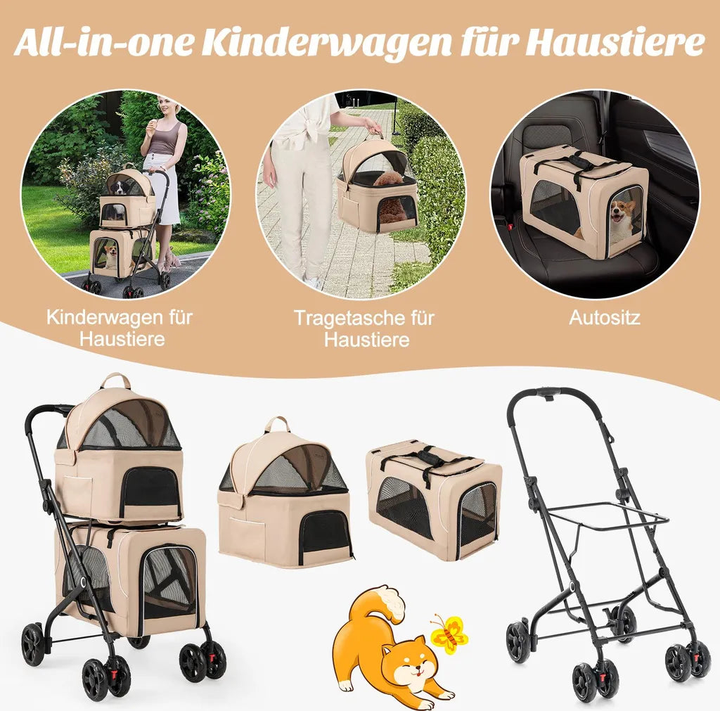Coast 3-in-1-Hundebuggy – Beige – Zusammenklappbar – 53 x 84 x 105 cm