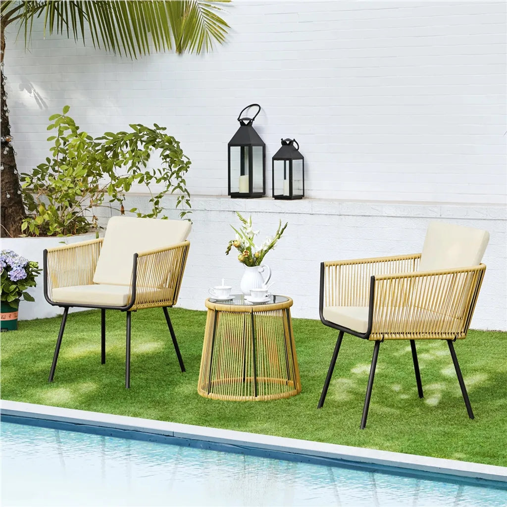 Yaheetech Gartenmöbel-Set, 3-teilig – Hellbraun/Cremefarben – Balkon-Set aus Polyrattan mit rundem Beistelltisch sowie Sitz- und Rückenkissen