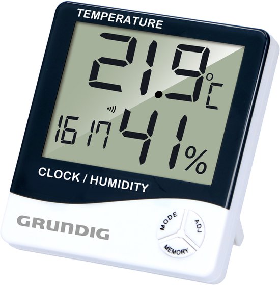 Grundig Wetterstation Digital - Innen- und Außenthermometer mit Hygrometer - Innen- und Außenwetterstation mit Uhr und Alarm - LCD-Display - 9,5 x 10,5 x 2 cm - Weiß/Schwarz