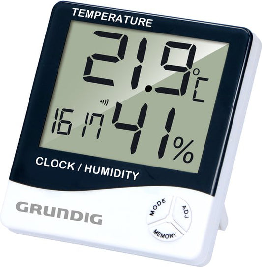 Grundig Wetterstation Digital - Innen- und Außenthermometer mit Hygrometer - Innen- und Außenwetterstation mit Uhr und Alarm - LCD-Display - 9,5 x 10,5 x 2 cm - Weiß/Schwarz