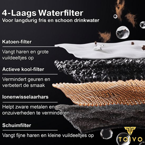 Toivo Trinkbrunnen für Katzen – 2,2 l – Edelstahl – Trinkbrunnen mit Sichtfenster, inkl. 4 Filter – Wasserspender – Flüsterleise – Katzenbrunnen – Trinknapf – Wassernapf – Schwarz
