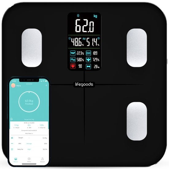 LifeGoods Personenwaage - Körperanalyse & Fettanteil - Digital - 15 Messungen - Schwarz