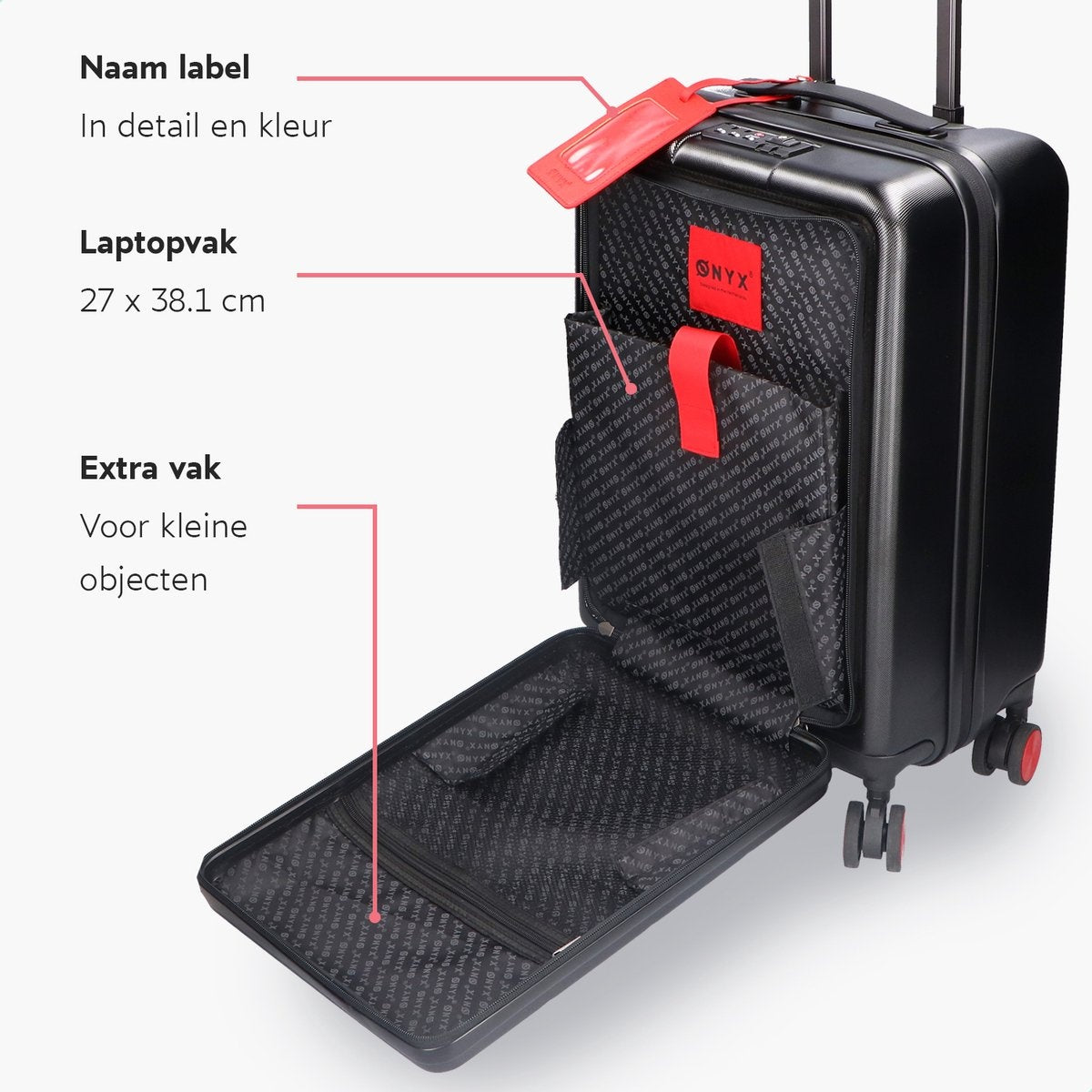 ONYX® - Handgepäck Koffer 35 L - Spinner-Räder - Leichter Trolley - Doppeltes TSA-Schloss - Praktische Vordertasche - 55 cm - Schwarz
