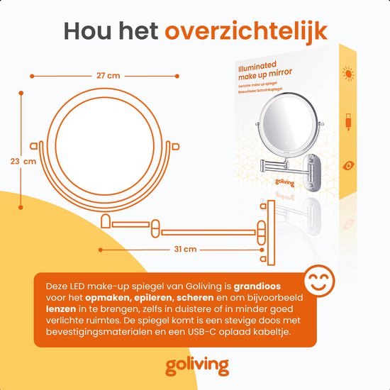 Goliving Make-up-Spiegel mit Beleuchtung - Ø25 cm - 10-fache Vergrößerung - Dimmbarer Make-up-Spiegel - Rasierspiegel - LED-Beleuchtung - USB-C aufladbar - Doppelseitig - 27 x 27 cm - Chrom