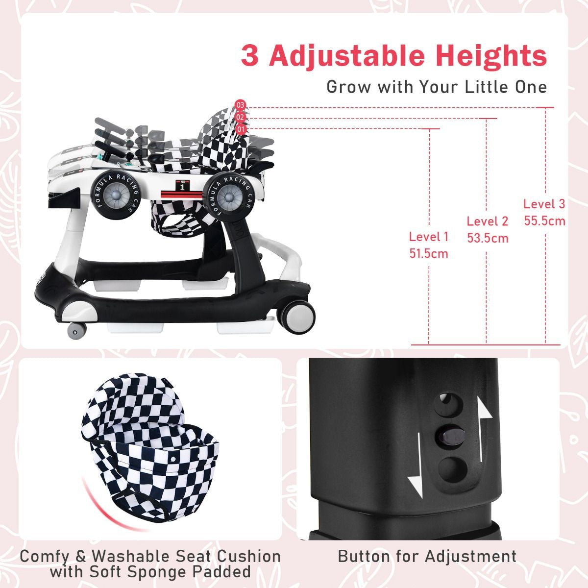 Coast 4-in-1-Kinderwagen - Mit verstellbarer Höhe und Geschwindigkeit Babywagen - Mit Anti-Rutsch-Pads - Zusammenklappbarer Lauflernwagen - Schwarz/Weiß