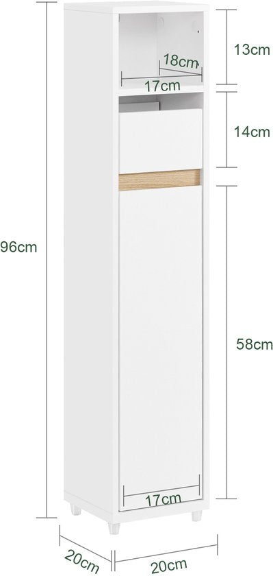 SoBuy BZR151-W Badezimmerschrank für schmale Räume, kompakter Aufbewahrungsschrank mit verstellbarem Einlegeboden und Schublade, für Badezimmer, Toilettenschrank aus Holz, weiß, 20 x 20 x 96 cm