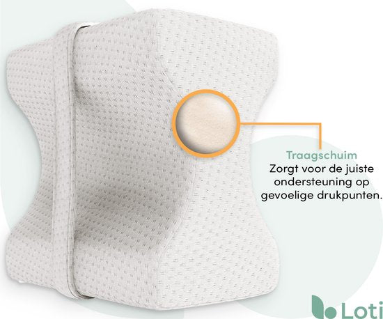 Loti Kniekissen fürs Bett - Orthopädisches Kniekissen mit Gurt - Ergonomisches Beinkissen - Haltungskorrektur - Seitenschläferkissen - Memory Foam - Seitenschläfer - Beinkissen - Sandschläfer