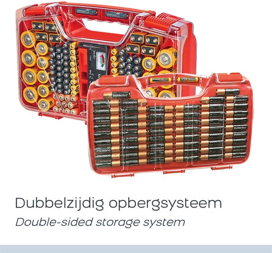 Battery Daddy Doppelseitiger Batteriekasten mit Batterietester- Batterie-Organisationshalter Aufbewahrungsbox für 180 Batterien - Batterieaufbewahrungsbox mit Griff - Geeignet für AA, AAA, 9-Volt, C, Knopfzellen und D-Batterien