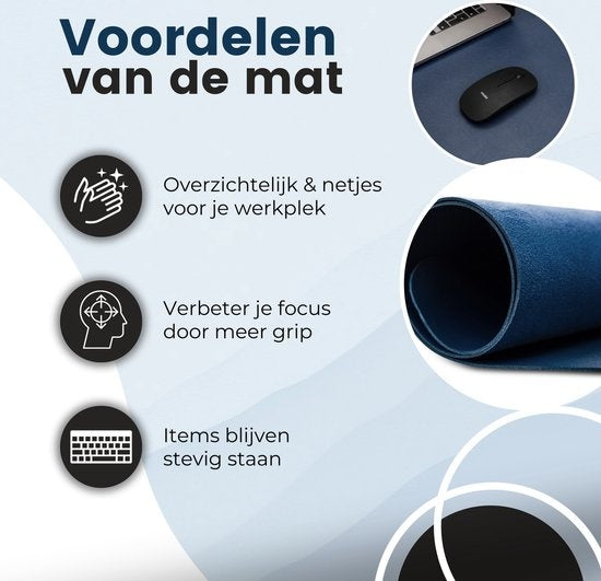 WURK Professionelle Schreibtischunterlage aus Kunstleder - Schreibtisch-Organizer - Schreibtischzubehör - Mauspad XXL- Inklusive Kabelclip - 80x40 - Blau