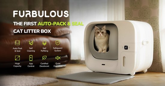 Furbulous Automatische Katzentoilette mit App-Steuerung, 60 l große, sichere Katzentoilette für mehrere Katzen mit Geruchsneutralisator, weiß – 2,4-GHz-Netzwerk – „Auto-Pack & Seal“-Katzentoilette, selbstreinigend und nachfüllbar, großes Fassungsvermögen,